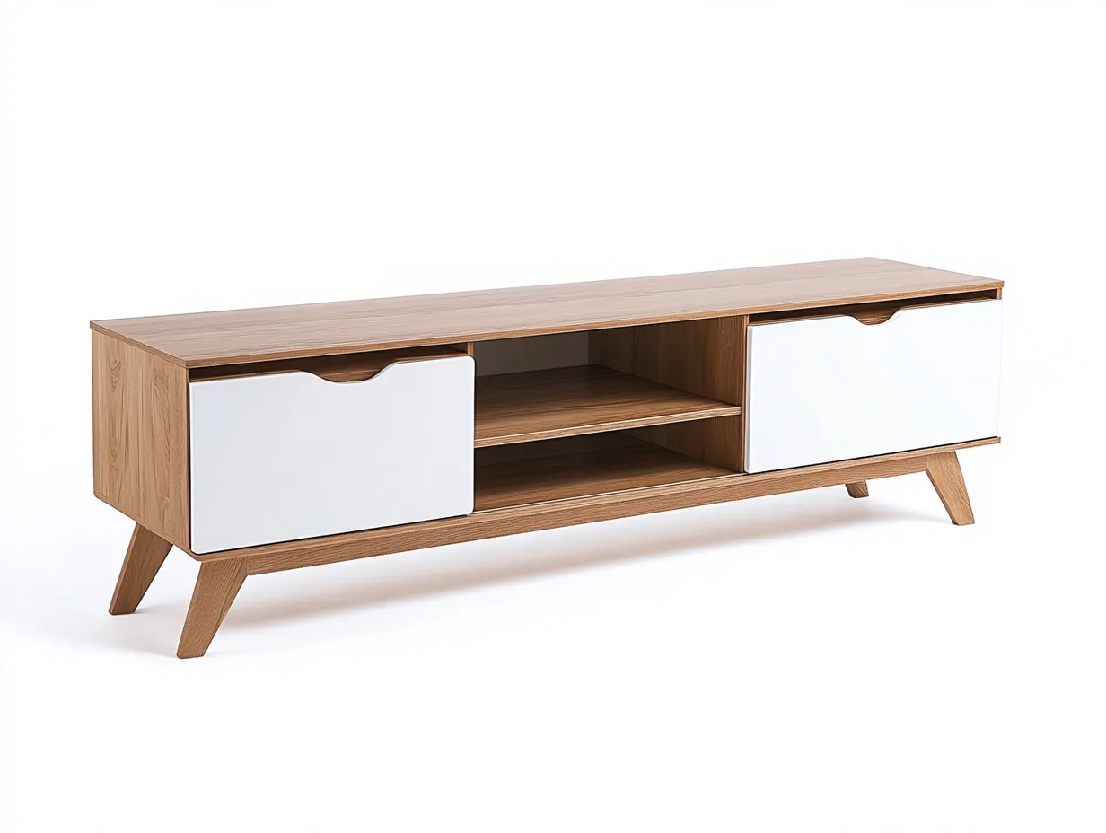 Meuble TV bois chêne clair 160x40x50 cm - blanc/chêne clair - style scandinave avec rangement ouvert-Nestlego