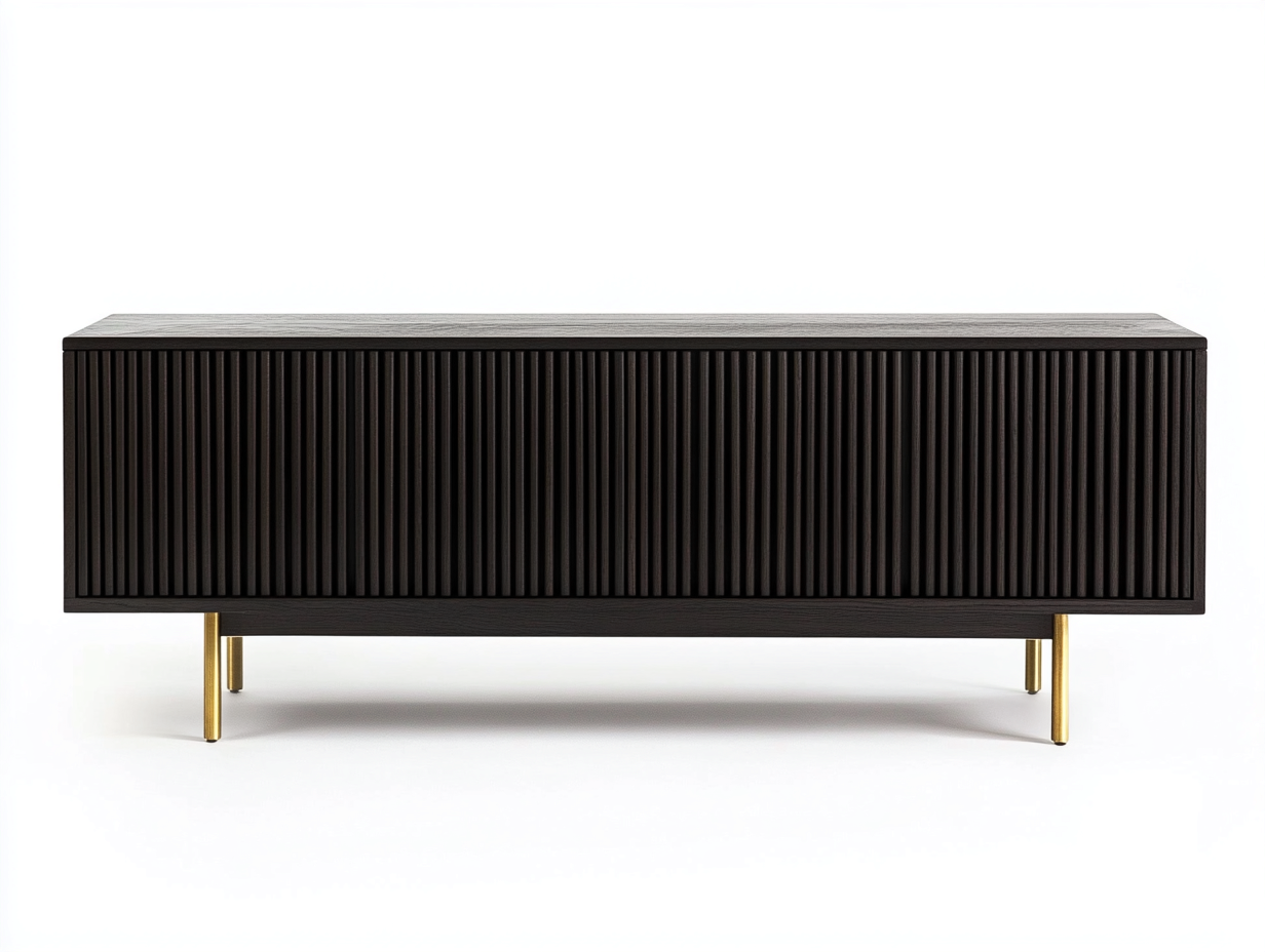 Meuble TV bois nervuré 160x40x55 cm - noir mat/doré - design contemporain avec espace de rangement fermé-Nestlego