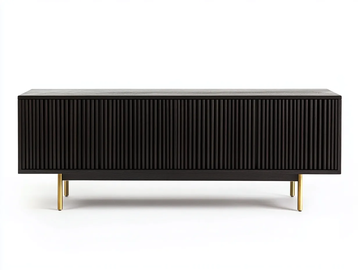 Meuble TV bois nervuré 160x40x55 cm - noir mat/doré - design contemporain avec espace de rangement fermé-Nestlego