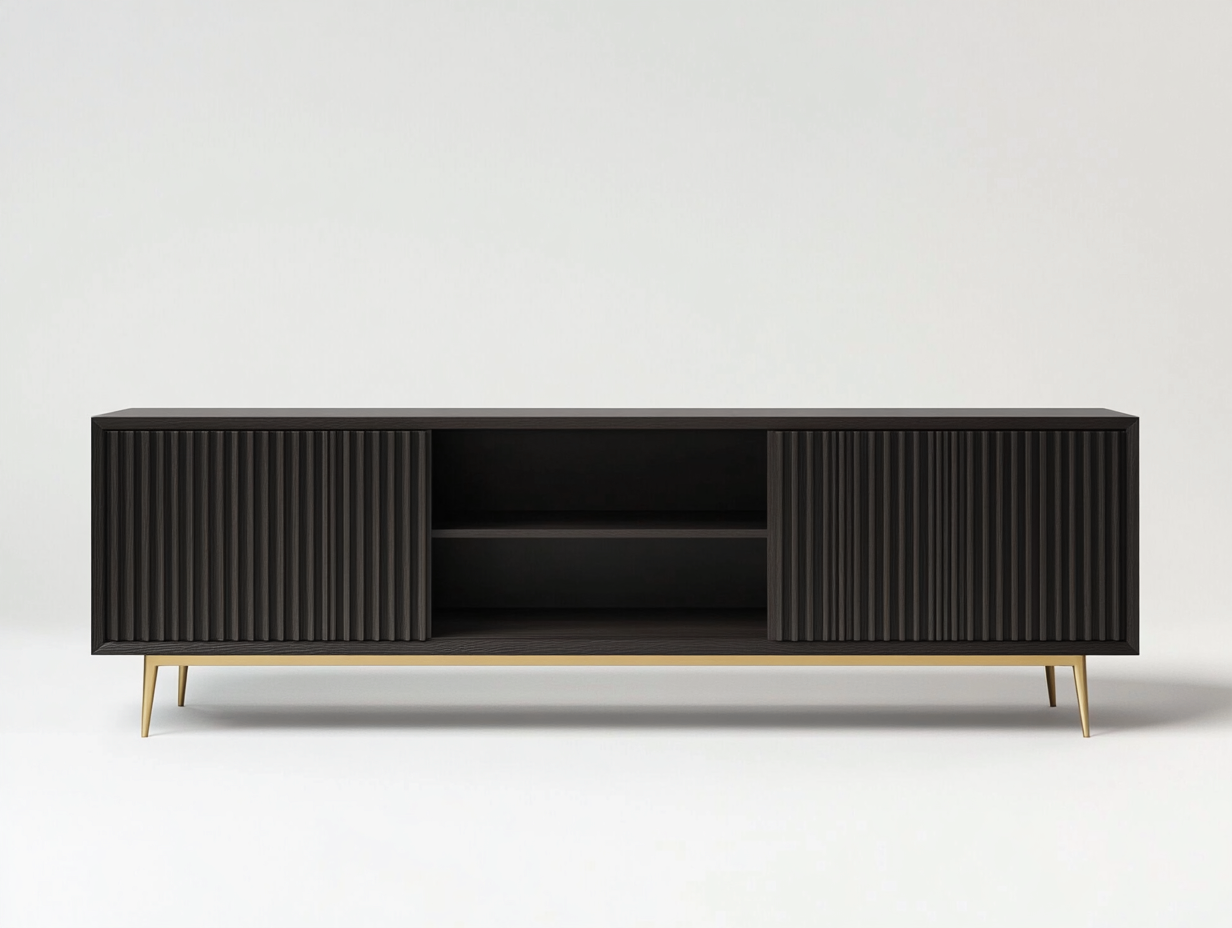 Meuble TV bois nervuré 180x40x50 cm - noir mat/doré - style contemporain avec espace de rangement ouvert-Nestlego