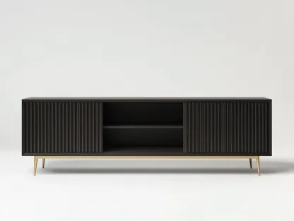Meuble TV bois nervuré 180x40x50 cm - noir mat/doré - style contemporain avec espace de rangement ouvert-Nestlego
