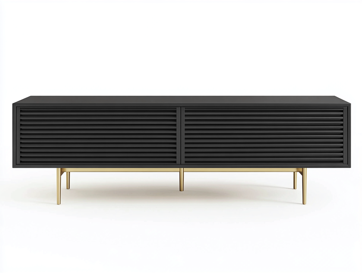 Meuble TV en bois MDF 160x40x55 cm - noir mat et doré - design moderne avec façade à lames horizontales-Nestlego