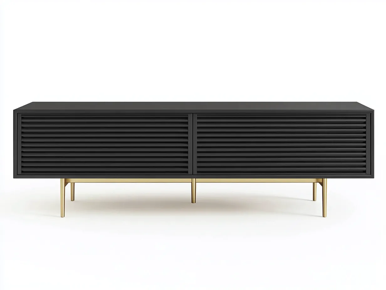 Meuble TV en bois MDF 160x40x55 cm - noir mat et doré - design moderne avec façade à lames horizontales-Nestlego