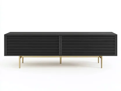Meuble TV en bois MDF 160x40x55 cm - noir mat et doré - design moderne avec façade à lames horizontales-Nestlego