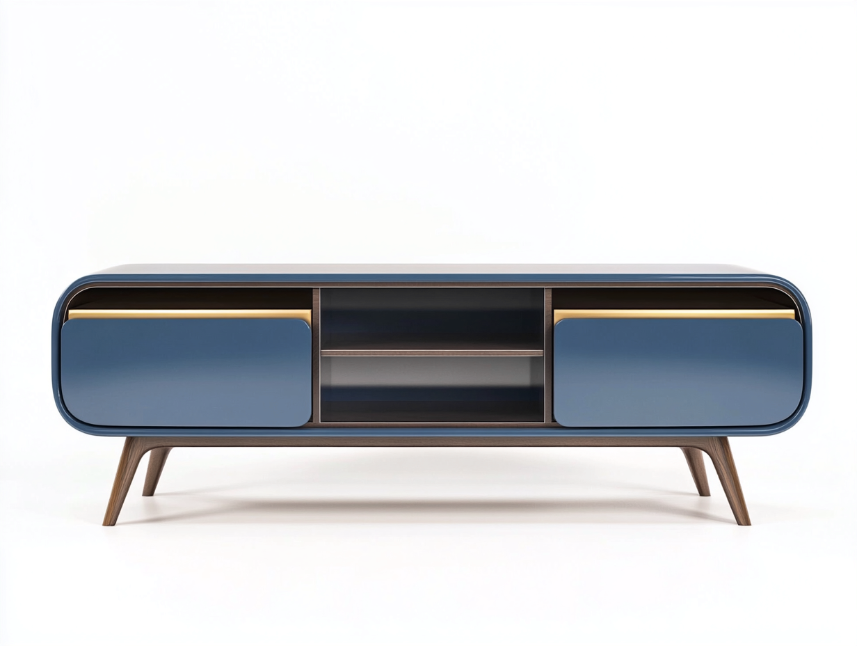 Meuble TV bois laqué 160x45x50 cm - bleu acier/noyer - avec espace de rangement - style rétro moderne-Nestlego