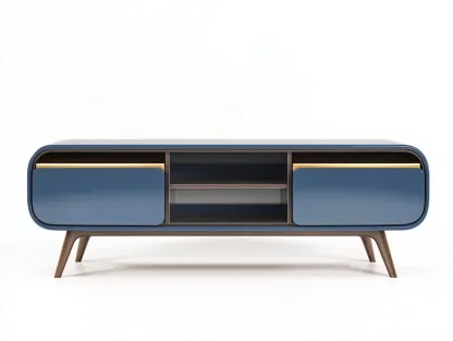 Meuble TV bois laqué 160x45x50 cm - bleu acier/noyer - avec espace de rangement - style rétro moderne-Nestlego