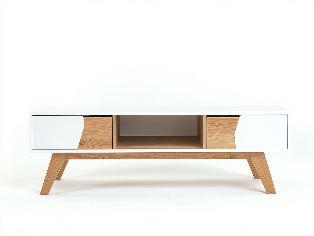 Meuble TV bois chêne clair 150x40x50 cm - blanc/chêne clair - style scandinave avec rangement ouvert-Nestlego