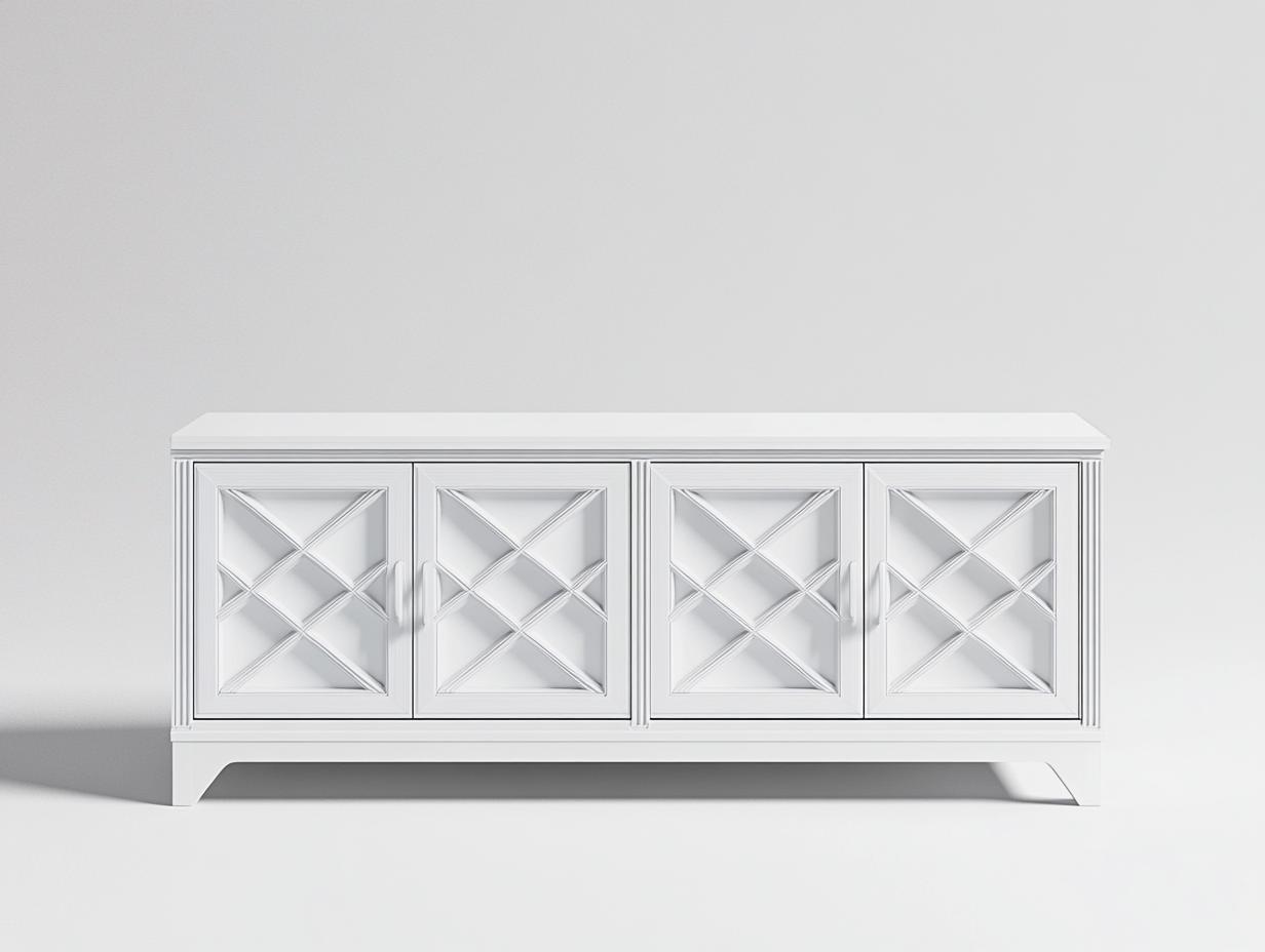 Meuble TV bois 160x45x75 cm - blanc - style classique avec portes sculptées à motifs géométriques-Nestlego