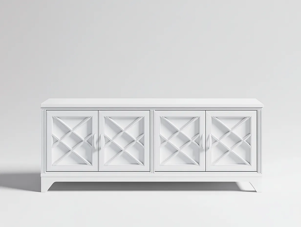 Meuble TV bois 160x45x75 cm - blanc - style classique avec portes sculptées à motifs géométriques-Nestlego