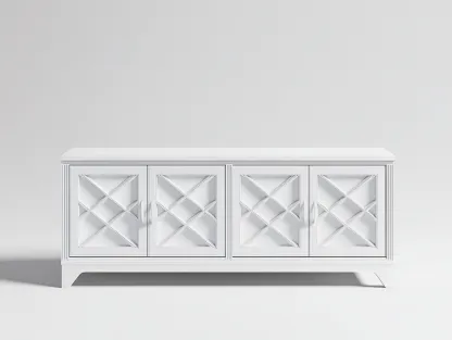 Meuble TV bois 160x45x75 cm - blanc - style classique avec portes sculptées à motifs géométriques-Nestlego
