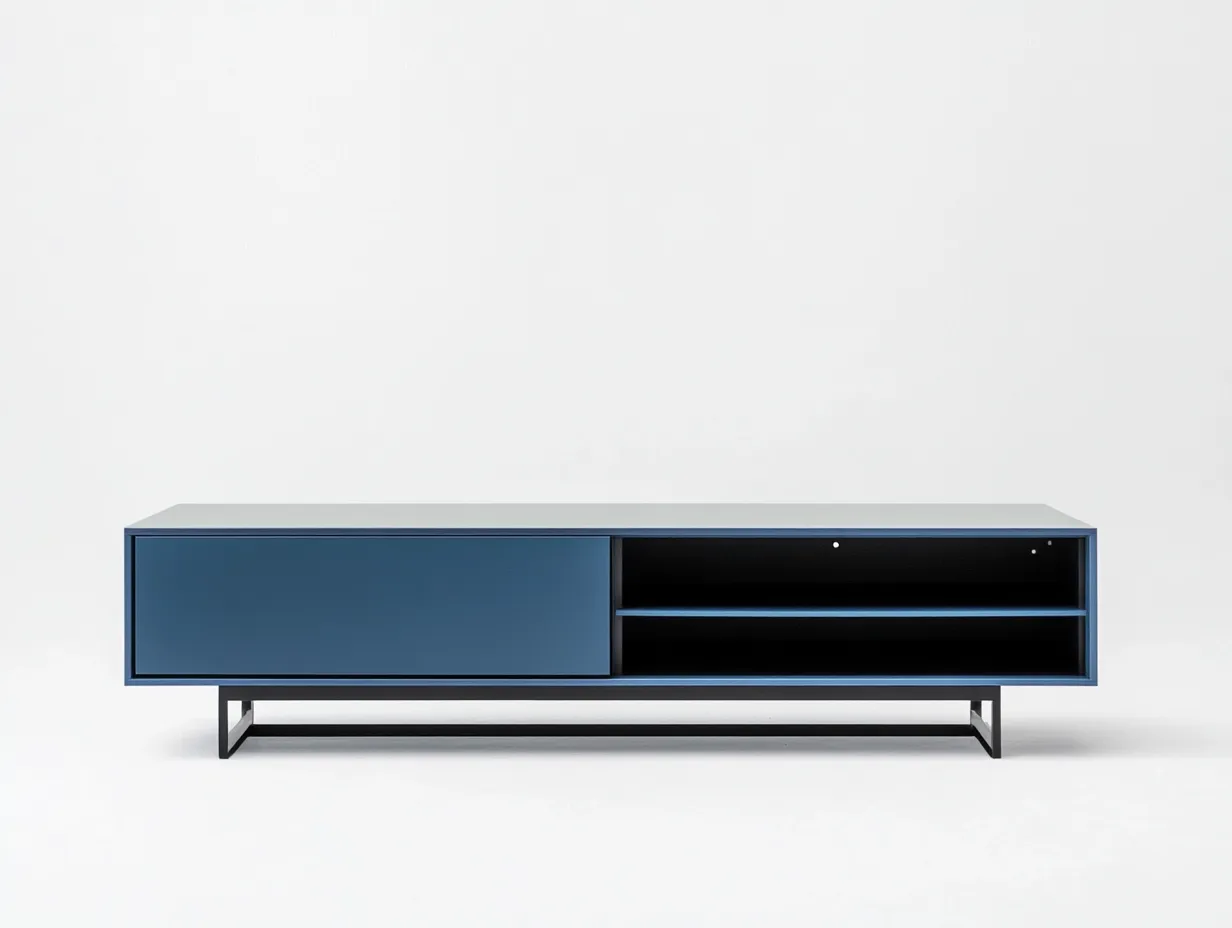 Meuble TV bois laqué 180x40x45 cm - bleu acier - design moderne avec espace de rangement ouvert-Nestlego