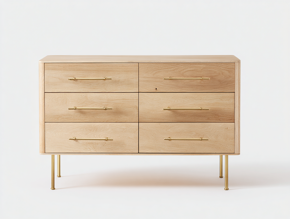 Commode en bois clair sur pieds métalliques 110x42x80 cm - chêne naturel/doré - style moderne raffiné-Nestlego