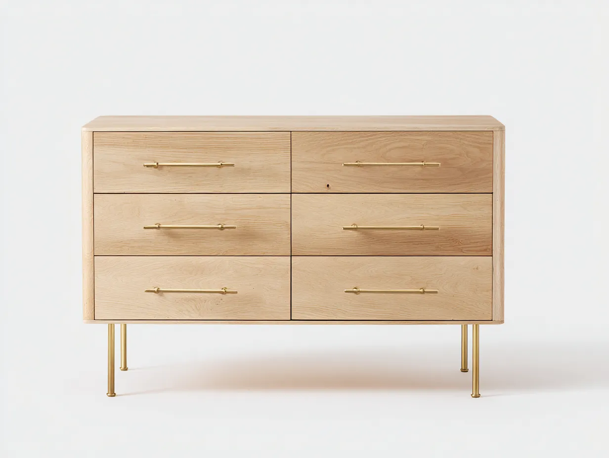 Commode en bois clair sur pieds métalliques 110x42x80 cm - chêne naturel/doré - style moderne raffiné-Nestlego