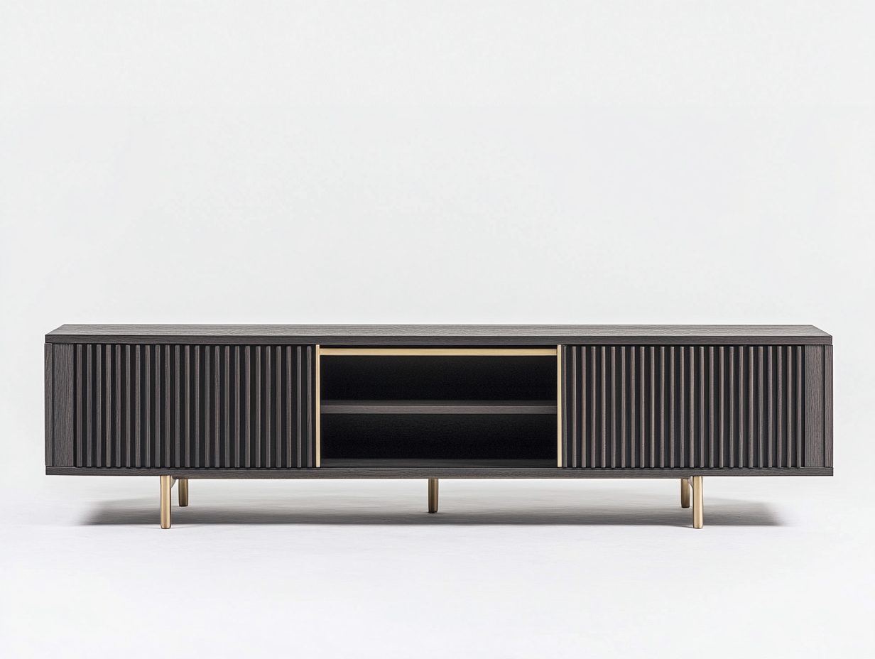 Meuble TV bois nervuré 180x40x50 cm - noir mat/doré - design moderne avec espace de rangement-Nestlego