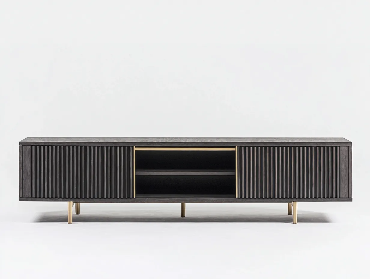 Meuble TV bois nervuré 180x40x50 cm - noir mat/doré - design moderne avec espace de rangement-Nestlego