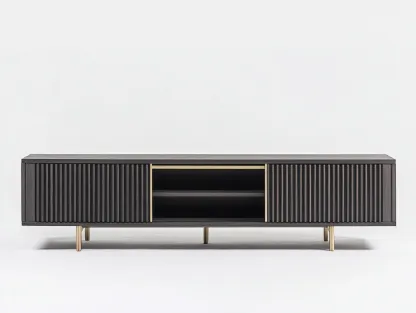 Meuble TV bois nervuré 180x40x50 cm - noir mat/doré - design moderne avec espace de rangement-Nestlego