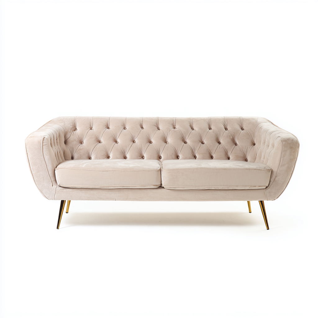 Canapé 3 places en velours beige clair 200x90x82 cm - style contemporain capitonné - pieds dorés élégants-Nestlego