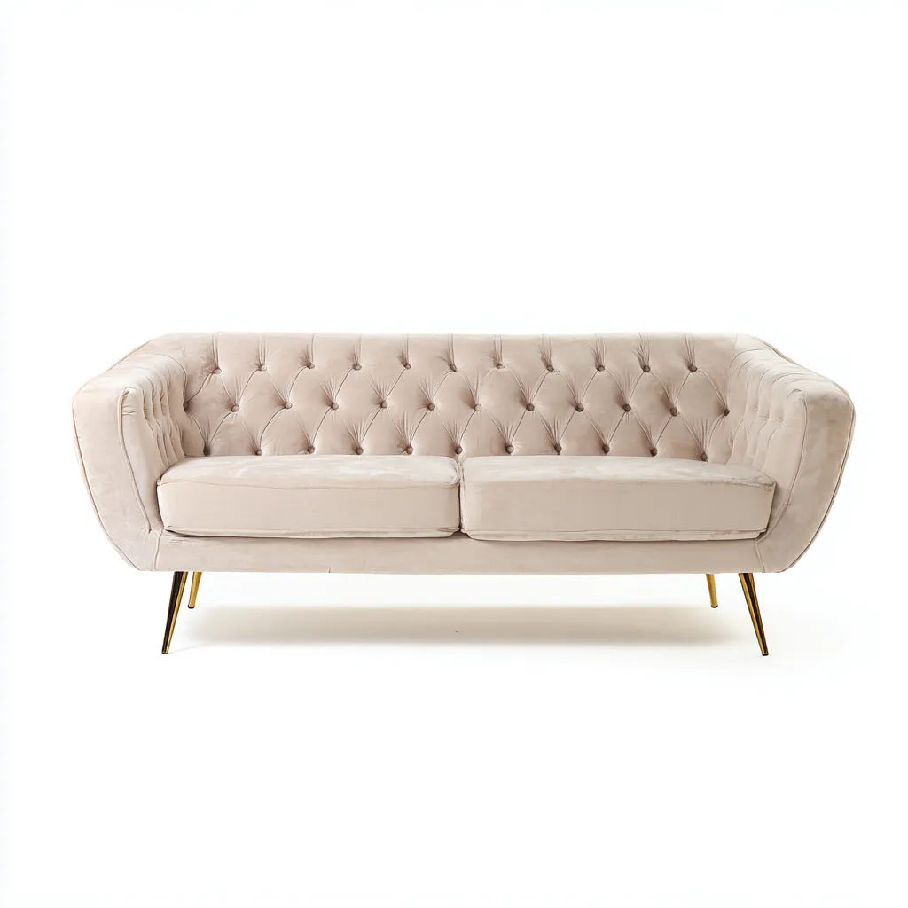 Canapé 3 places en velours beige clair 200x90x82 cm - style contemporain capitonné - pieds dorés élégants-Nestlego