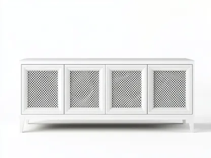 Meuble TV bois 160x45x75 cm - blanc - style classique avec portes à treillis ajouré-Nestlego