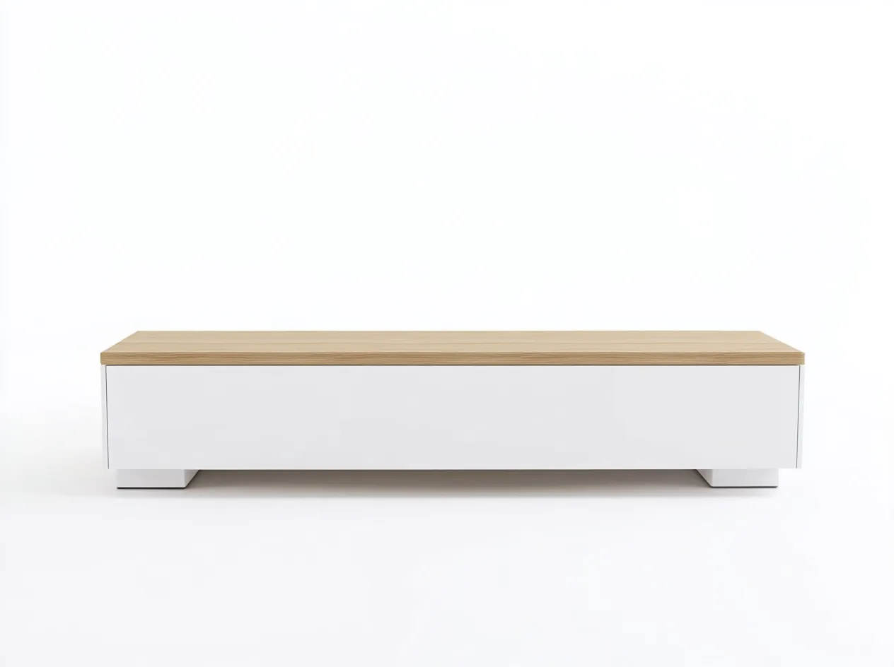 Meuble TV bois chêne clair 180x40x40 cm - blanc brillant/chêne clair - design minimaliste avec rangement fermé-Nestlego