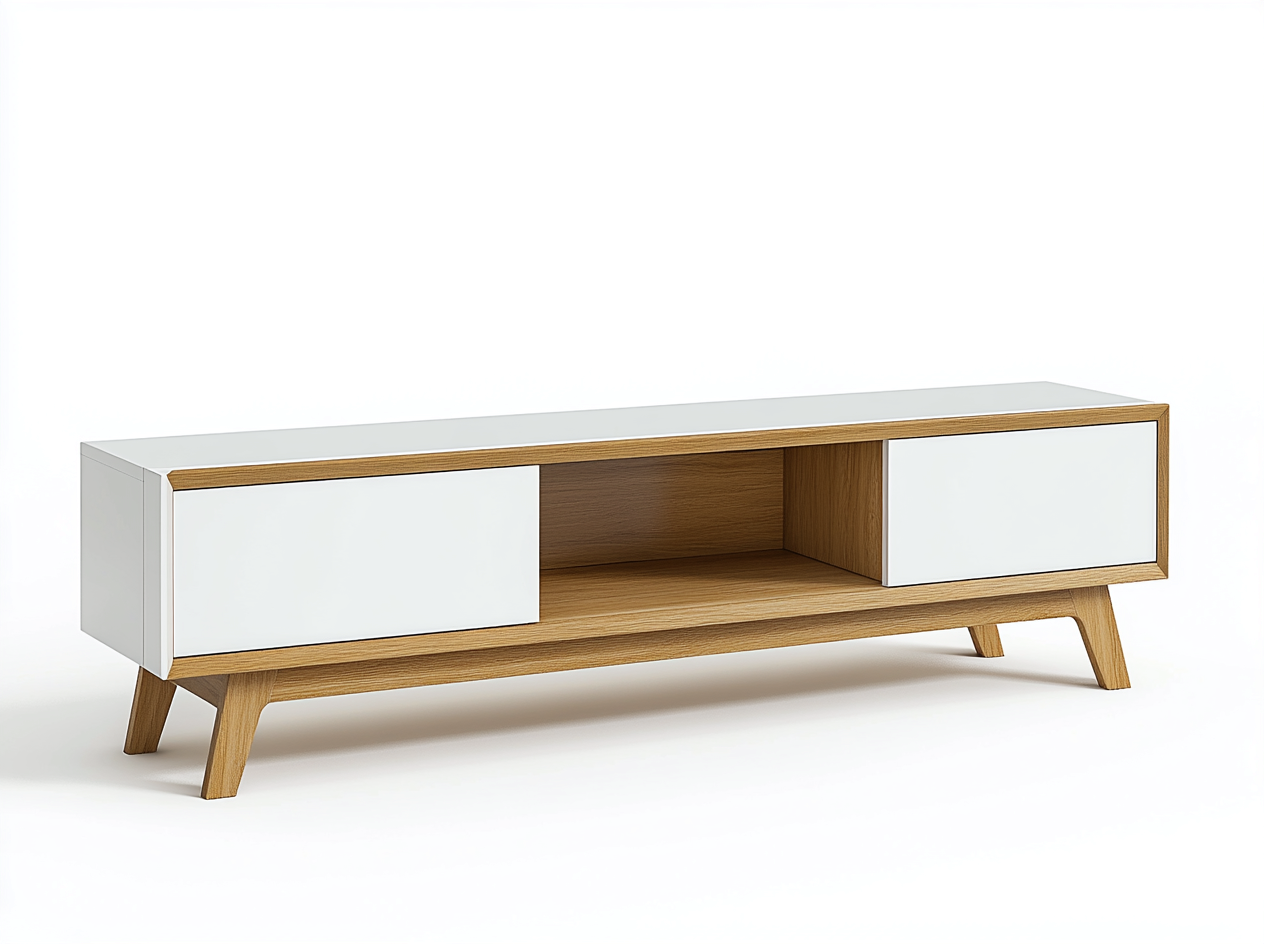Meuble TV bois chêne clair 160x40x50 cm - blanc/chêne clair - style scandinave avec rangement ouvert-Nestlego