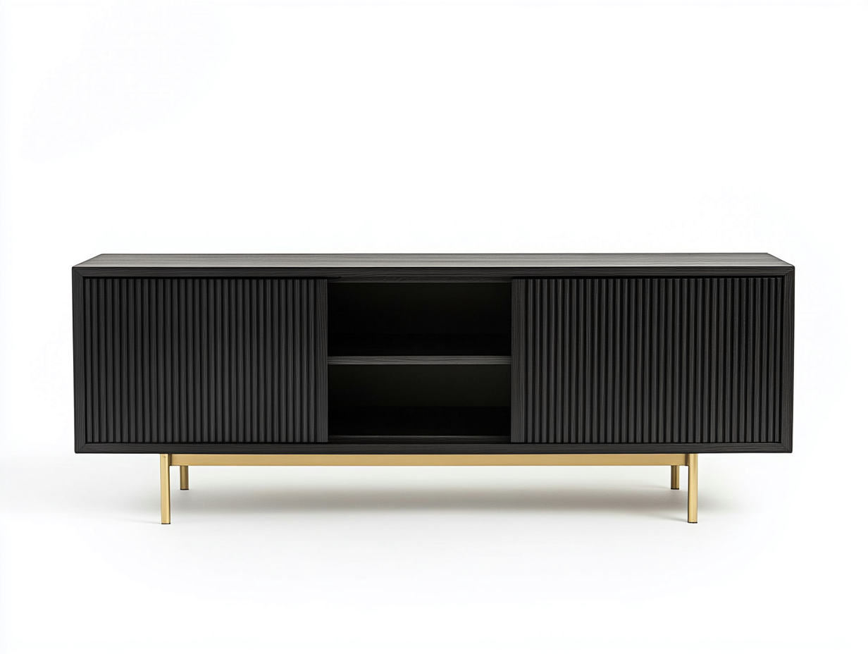 Meuble TV en bois MDF 160x40x65 cm - noir mat et doré - design moderne avec espace de rangement-Nestlego