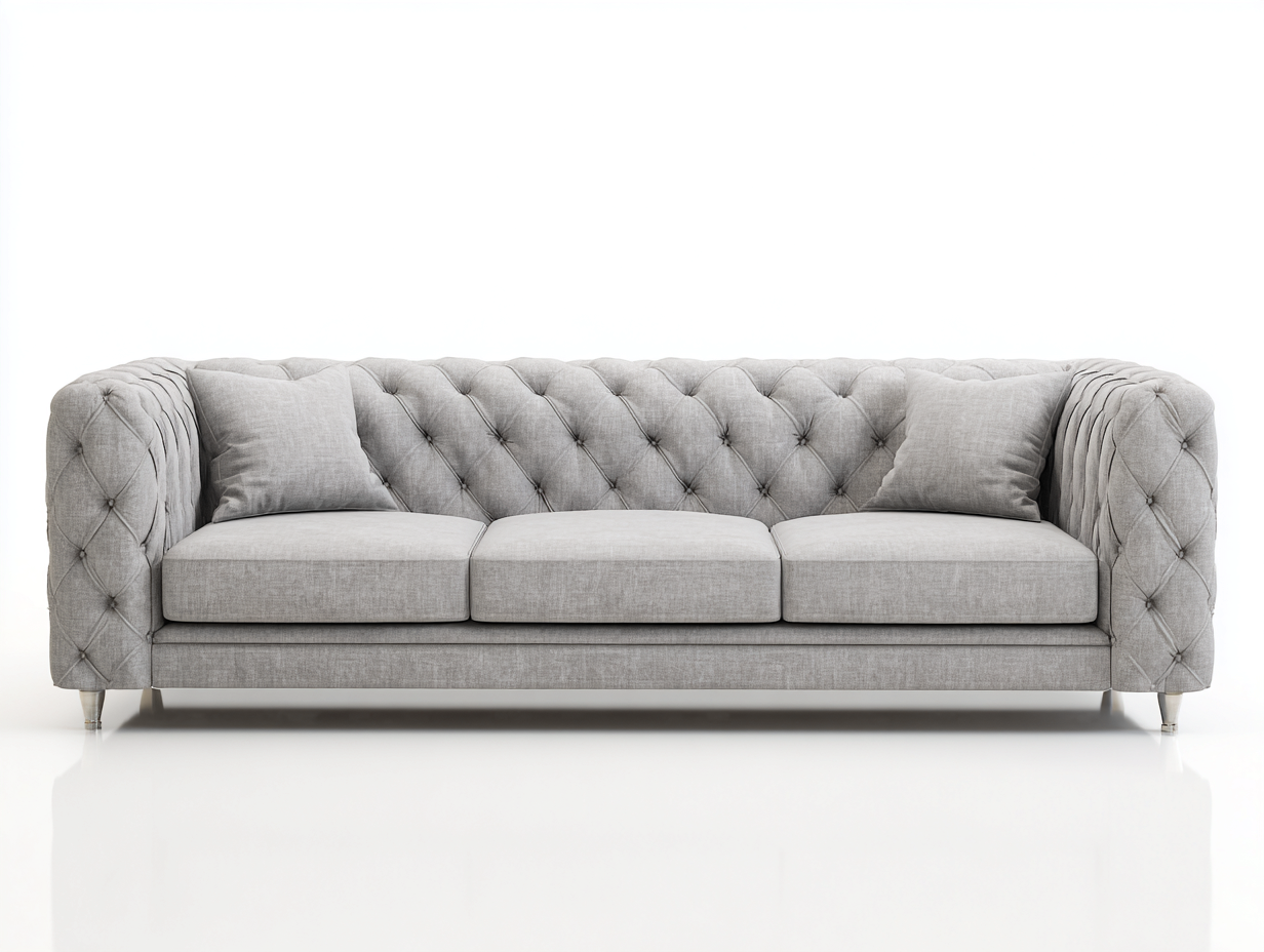 Canapé 3 places en tissu gris clair 225x95x85 cm - style classique capitonné - accoudoirs arrondis et pieds argentés-Nestlego