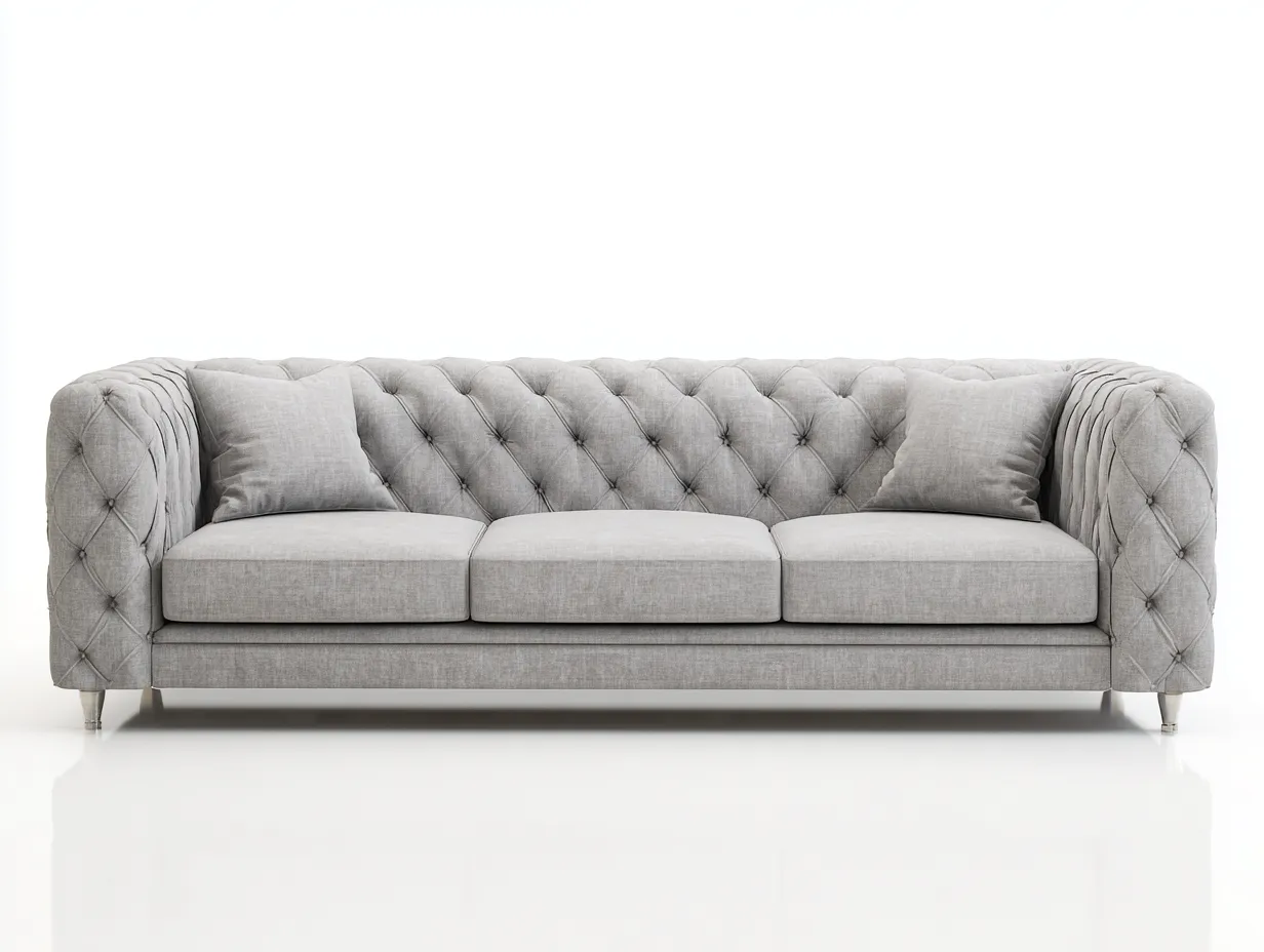 Canapé 3 places en tissu gris clair 225x95x85 cm - style classique capitonné - accoudoirs arrondis et pieds argentés-Nestlego