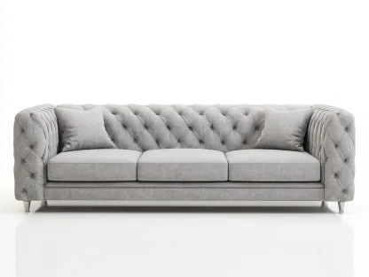 Canapé 3 places en tissu gris clair 225x95x85 cm - style classique capitonné - accoudoirs arrondis et pieds argentés-Nestlego