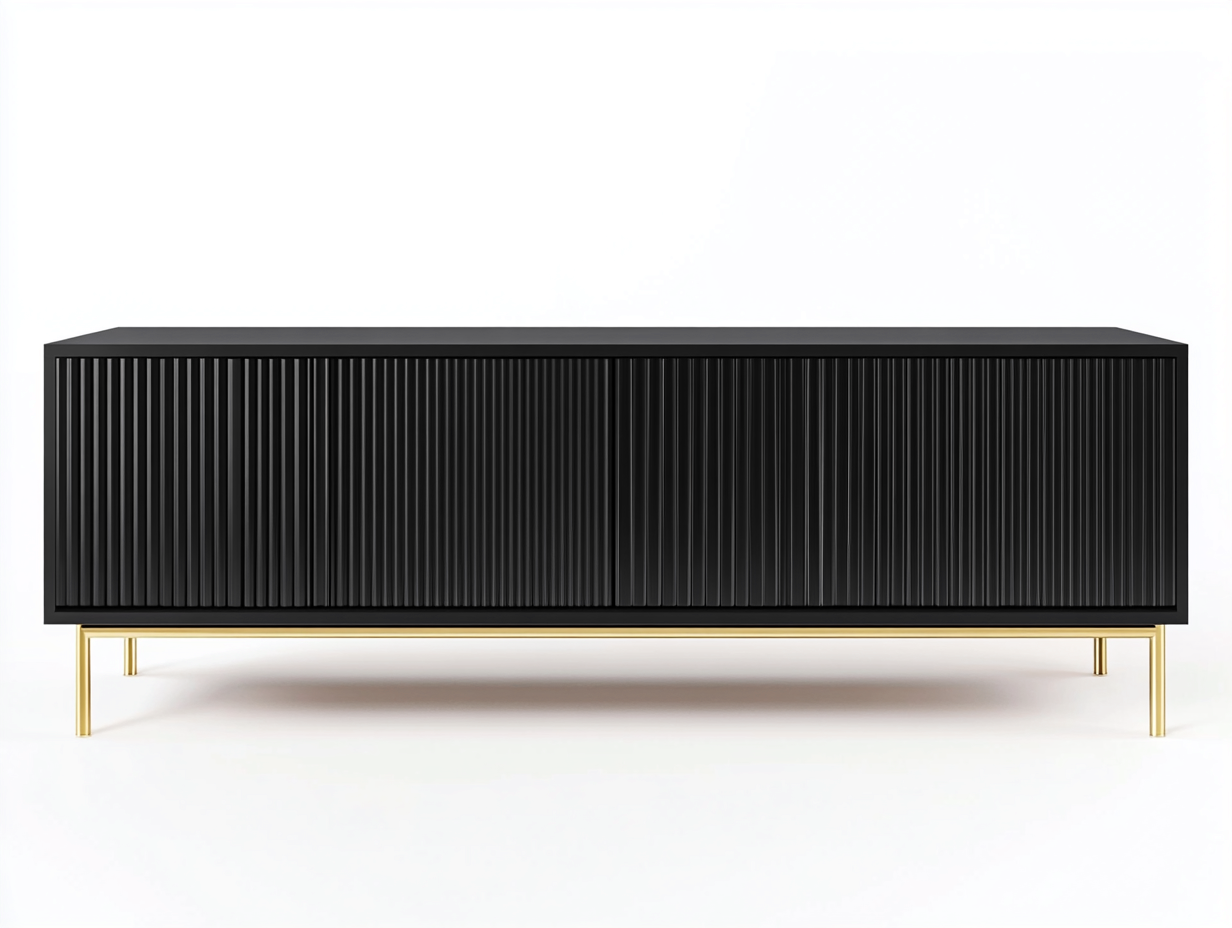 Meuble TV en bois MDF 160x40x60 cm - noir mat et doré - design moderne avec façade à lattes verticales-Nestlego