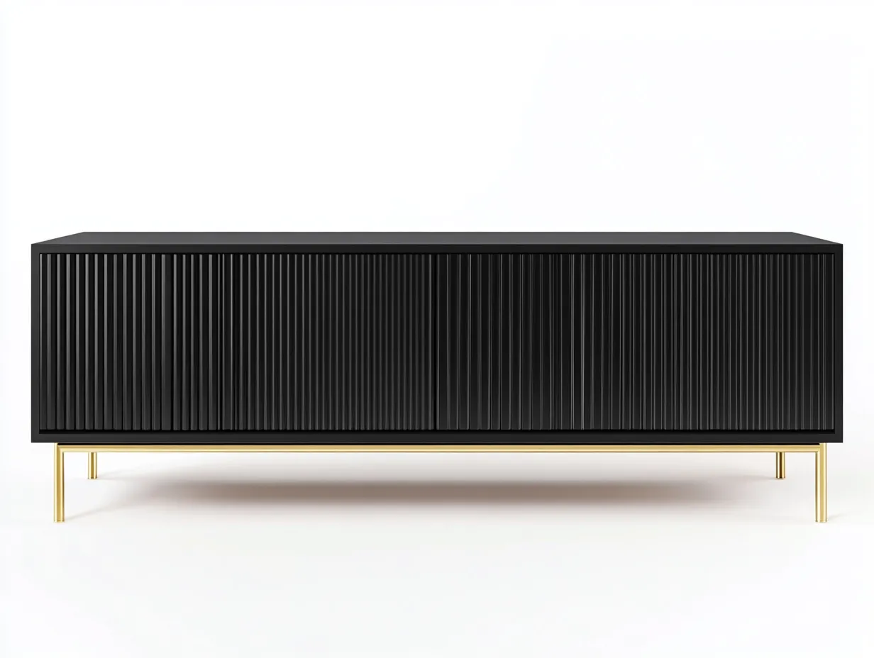 Meuble TV en bois MDF 160x40x60 cm - noir mat et doré - design moderne avec façade à lattes verticales-Nestlego