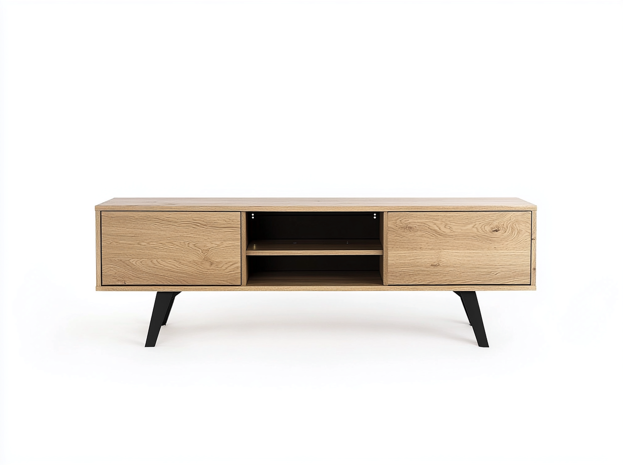 Meuble TV en bois MDF 160x40x55 cm - chêne clair et noir - design moderne avec pieds métalliques inclinés et espace de rangement ouvert-Nestlego