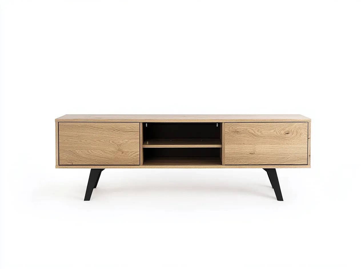 Meuble TV en bois MDF 160x40x55 cm - chêne clair et noir - design moderne avec pieds métalliques inclinés et espace de rangement ouvert-Nestlego