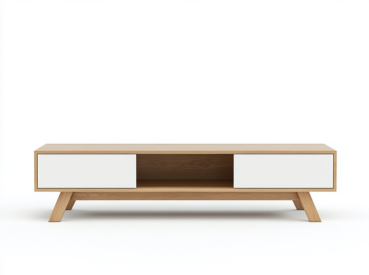 Meuble TV en bois MDF 160x40x50 cm - chêne clair et blanc - design scandinave avec pieds en bois inclinés et espace de rangement ouvert-Nestlego