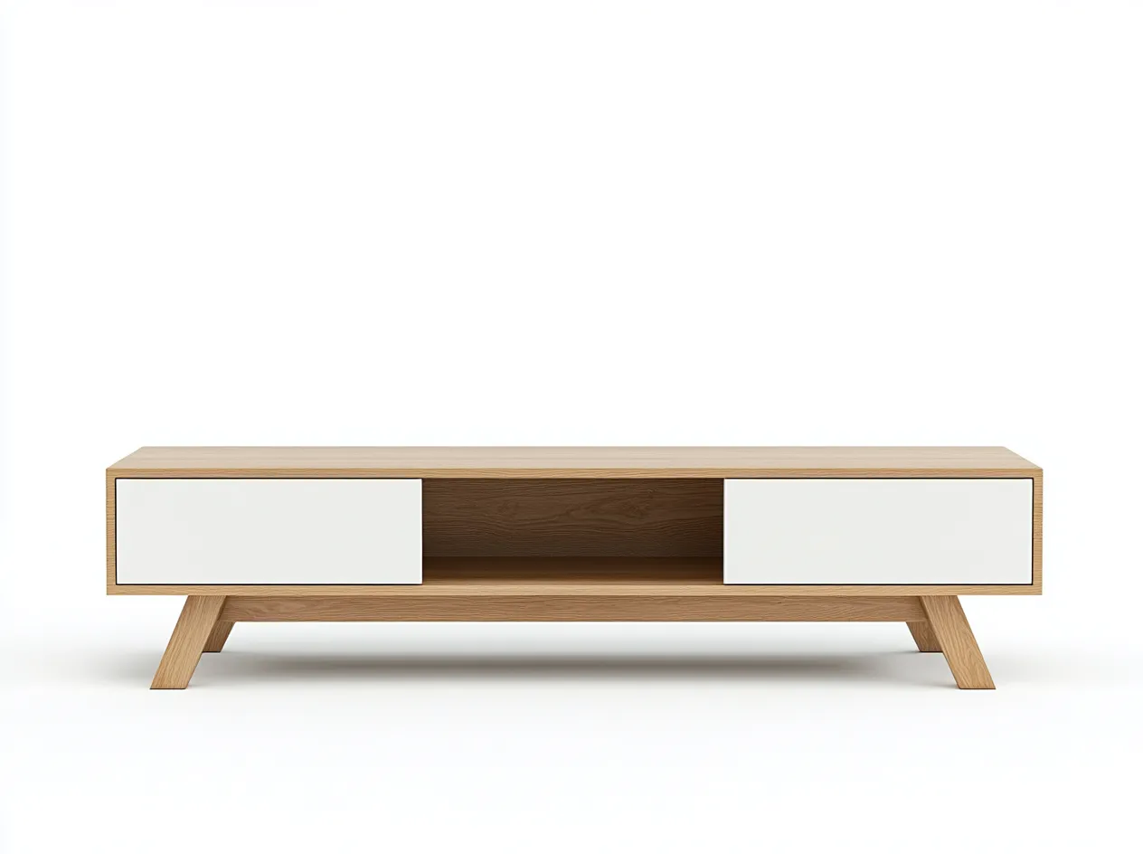 Meuble TV en bois MDF 160x40x50 cm - chêne clair et blanc - design scandinave avec pieds en bois inclinés et espace de rangement ouvert-Nestlego