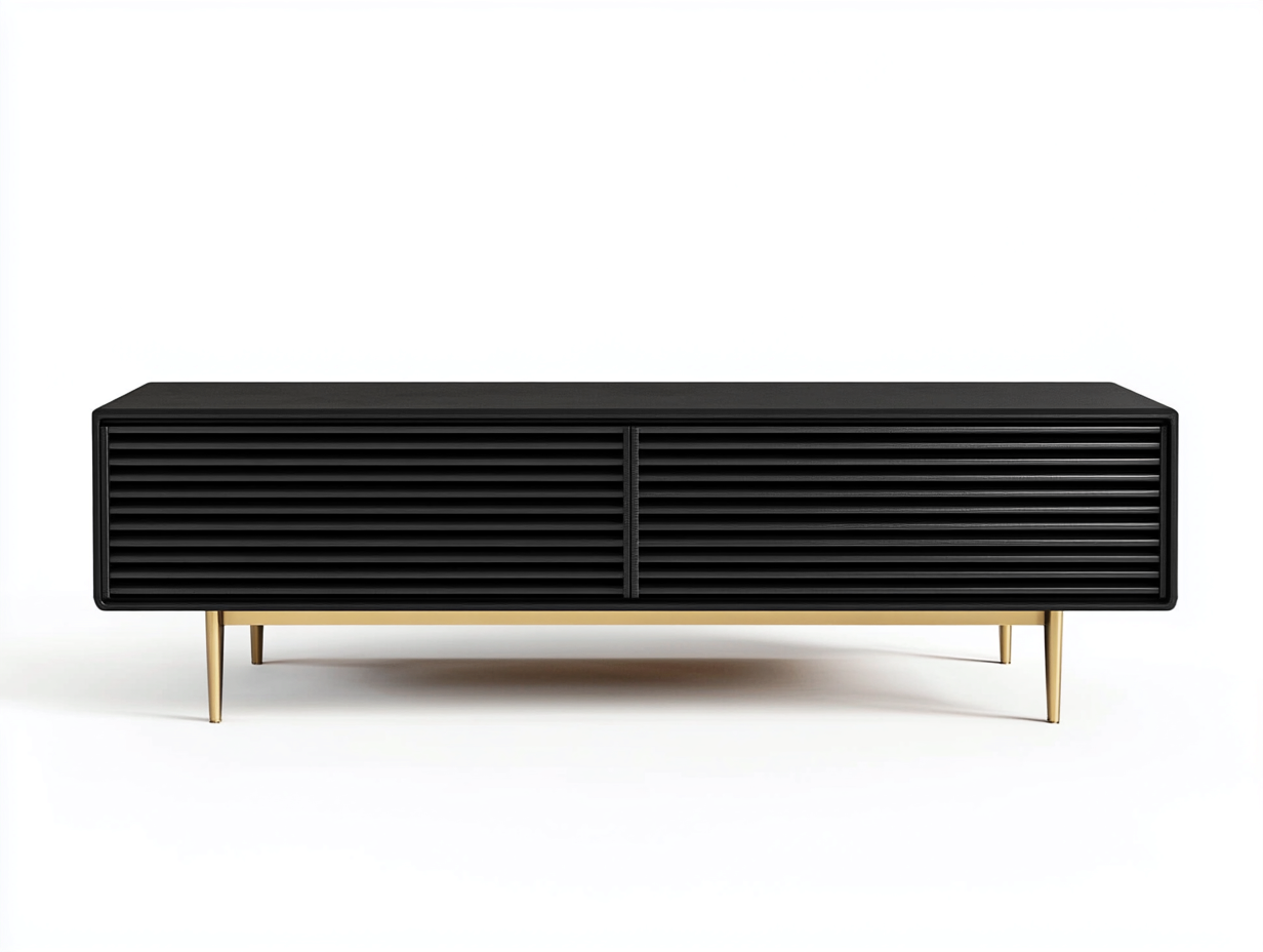 Meuble TV bois nervuré 160x40x50 cm - noir mat/doré - design moderne avec espace de rangement fermé-Nestlego