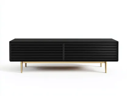 Meuble TV bois nervuré 160x40x50 cm - noir mat/doré - design moderne avec espace de rangement fermé-Nestlego