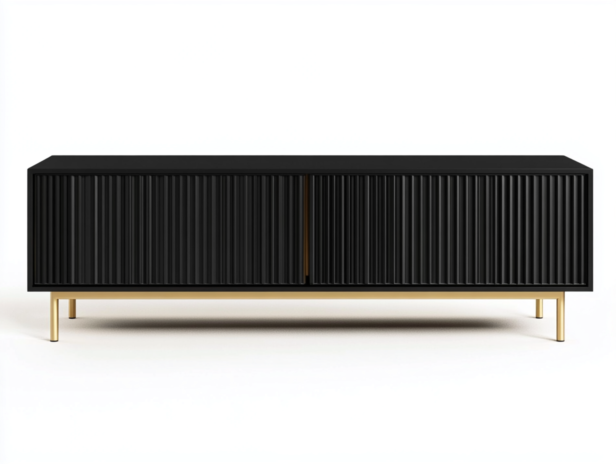 Meuble TV bois nervuré 160x40x55 cm - noir mat/doré - design moderne avec rangement fermé-Nestlego