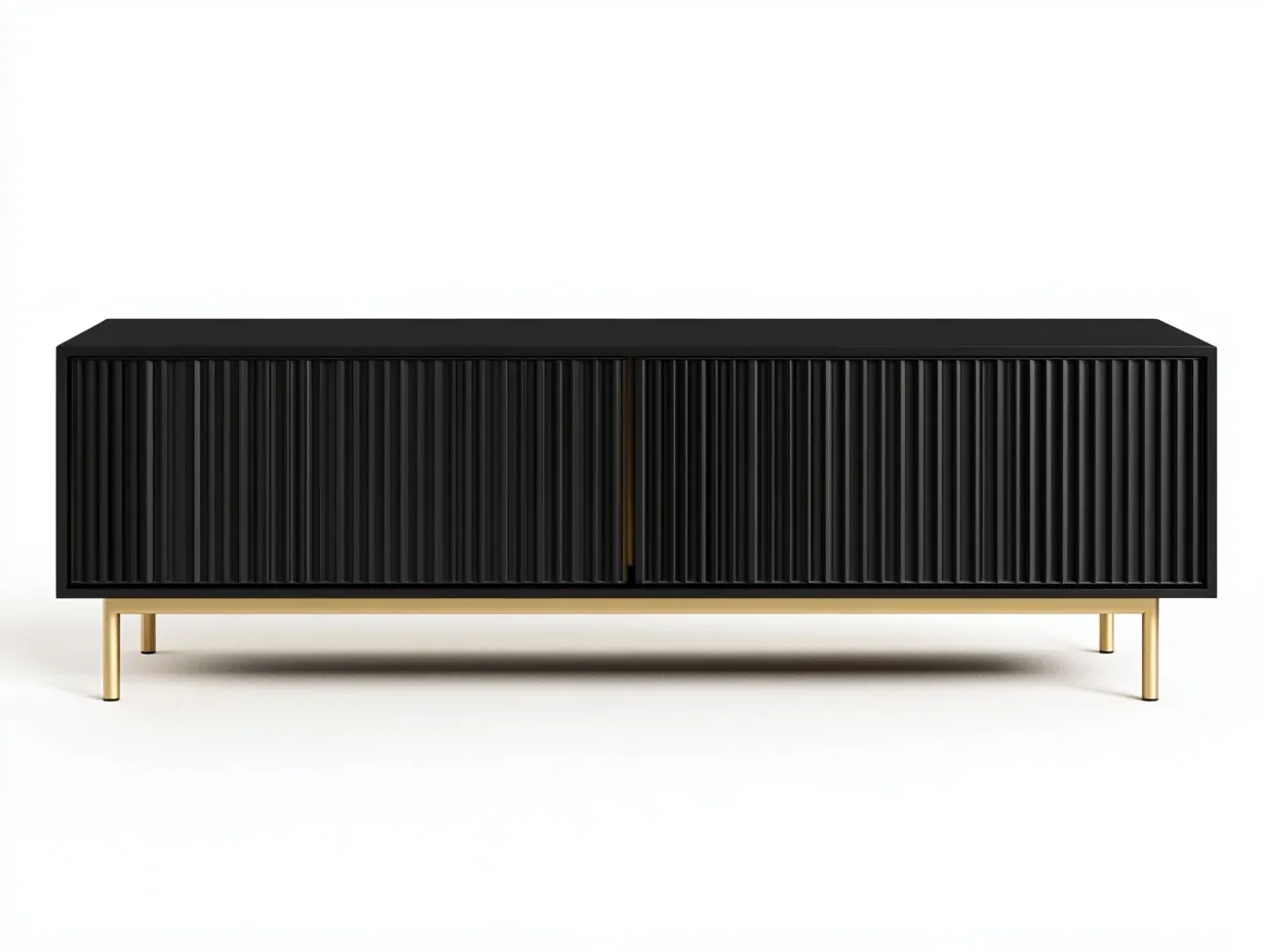 Meuble TV bois nervuré 160x40x55 cm - noir mat/doré - design moderne avec rangement fermé-Nestlego