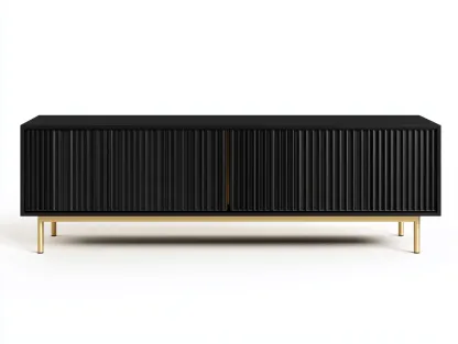 Meuble TV bois nervuré 160x40x55 cm - noir mat/doré - design moderne avec rangement fermé-Nestlego