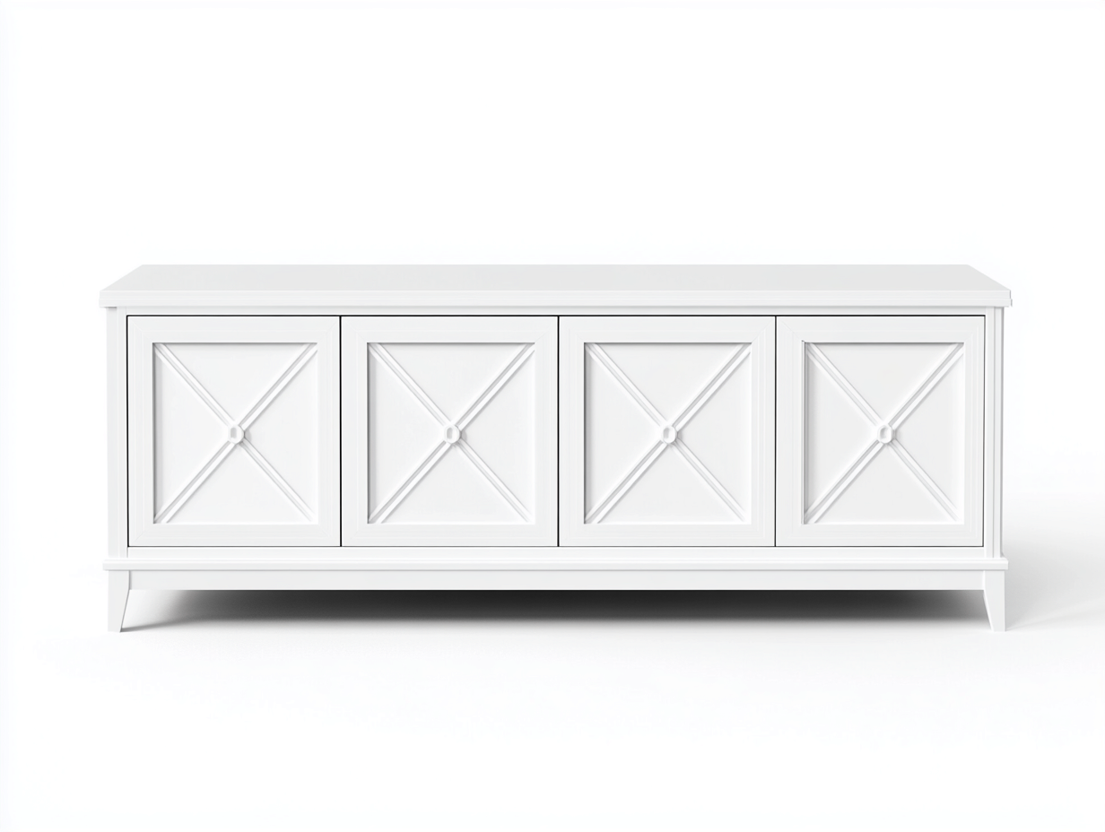 Meuble TV bois 160x45x75 cm - blanc - style classique avec portes sculptées en croix-Nestlego