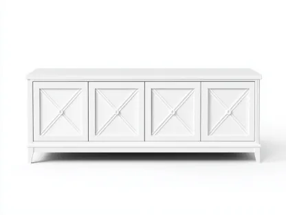 Meuble TV bois 160x45x75 cm - blanc - style classique avec portes sculptées en croix-Nestlego