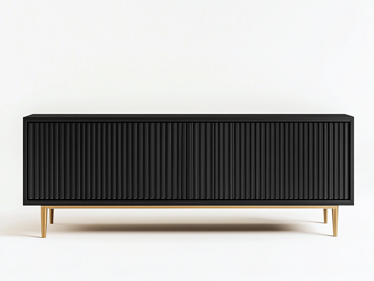 Meuble TV en bois MDF 180x40x60 cm - noir mat et doré - design moderne avec façade à rainures verticales-Nestlego