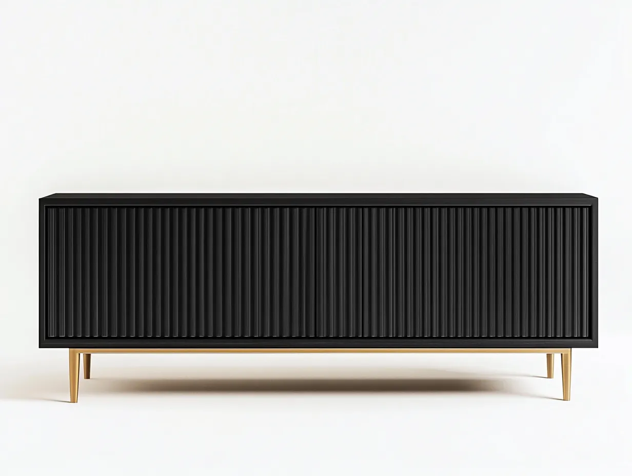 Meuble TV en bois MDF 180x40x60 cm - noir mat et doré - design moderne avec façade à rainures verticales-Nestlego