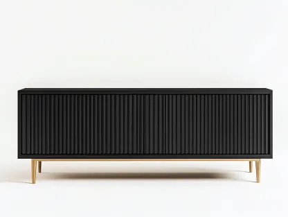 Meuble TV en bois MDF 180x40x60 cm - noir mat et doré - design moderne avec façade à rainures verticales-Nestlego