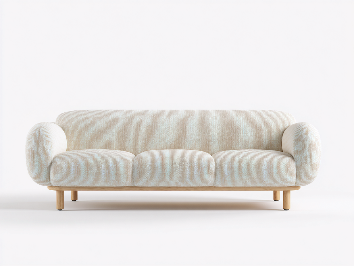 Canapé 3 places en tissu bouclette 210x90x85 cm - blanc cassé - style scandinave arrondi avec base en bois-Nestlego