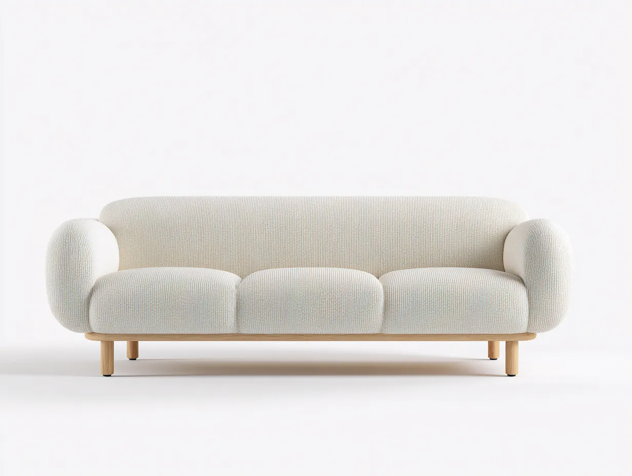 Canapé 3 places en tissu bouclette 210x90x85 cm - blanc cassé - style scandinave arrondi avec base en bois-Nestlego