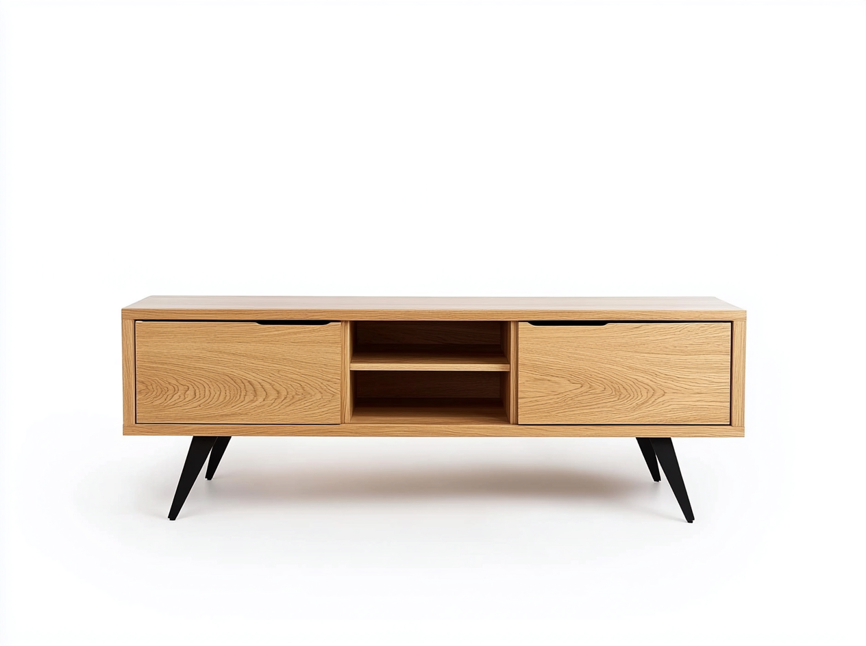 Meuble TV en bois MDF 150x40x50 cm - chêne clair et noir - design scandinave avec pieds métalliques inclinés et espace de rangement-Nestlego
