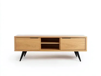 Meuble TV en bois MDF 150x40x50 cm - chêne clair et noir - design scandinave avec pieds métalliques inclinés et espace de rangement-Nestlego