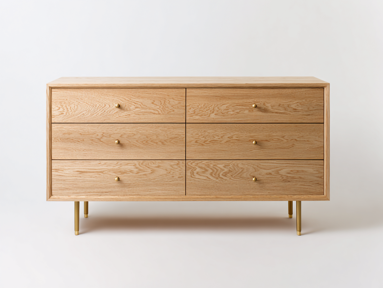 Commode en bois chêne sur pieds dorés 110x42x80 cm - chêne clair/doré - style moderne naturel-Nestlego